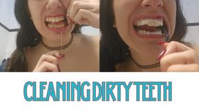 Showing dirty teeth, using dental floss and brushing teeth and showing all of my clean teeth and bite