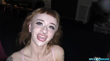 Tattoed English teen sucks cock in her first ever bukkake