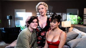 Dee Williams and Lilith Grace pleasuring tattooed dude in bed