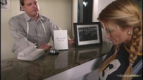 Tattoed brunette sex goddes wearing sexy outfit is being fucked in a dark room.