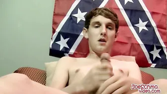 Slim twink Woody strokes his thick cock and gets blown by older daddy