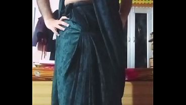 Indian Gay Crossdresser Bottom pressing and playing with her big boobs in black saree real homemade xxx sex