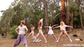 Aussie Ladies doing group nude yoga in the outdoors