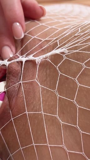 Trapped Pussy in White Fishnets, Toy Inside &amp; Foot Tease