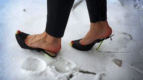 Walking on snow in high heels slingbacks with a wrong side wearing, high heels on snow