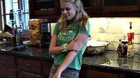 Little Summer shows off breasts and masturbates in the kitchen