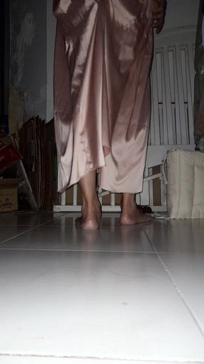 Crossdresser Cum Wearing Long Satin Beach Gown