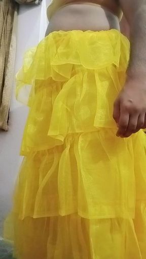 Indian Gay Crossdresser Bottom Pressing and Playing with Her Big Boobs in Yellow Gown Real Homemade Sex
