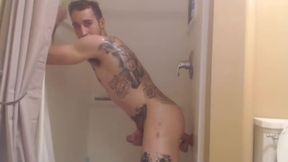 Tattoo Guy in Shower with Dildo