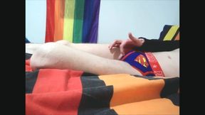 Playing in Superhero underwear with cumshot