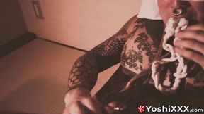 My fist can barely go through Yoshi Kawasakis asshole while he tugs his cock