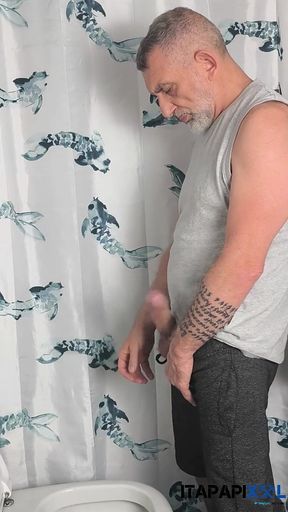 Mature Hung Daddy Pissing an Bating in Bathroom