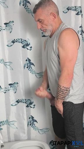 Mature Hung Daddy Pissing an Bating in Bathroom