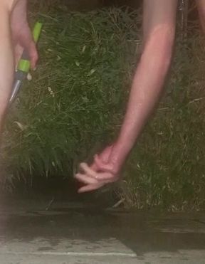 Clean pressure enema with ass lips and pissing - Outdoor garden hose anal