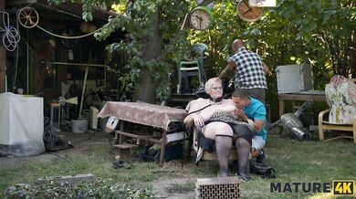 Weird blonde Diana drained by two strangers outside in Europe with her huge saggy tits blasting