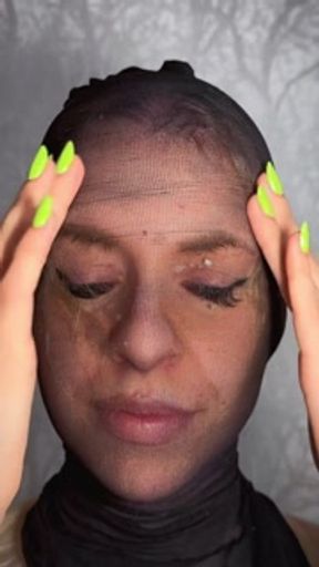 Fucking with pantyhose on face. Humiliation spitting, cum and piss licking