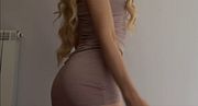 Skinny Fit Blonde Strips Out of Sparkly Pink Bodycon Dress Teasing Strip