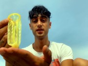 Drinking and swallowing cum of used condom by straight guy