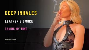 Deep Drags In Leather Thigh High Boots – Smoking 100s on the Sofa While I Talk You Through Every Inhale Hitting My Throat – British Accent, Glam Makeup & Leather Mini - Miss Lulu Leather - MP4 HD