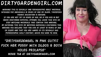 Dirtygardengirl in pink outfit fuck her pussy with dildos &amp_ both holes prolapse