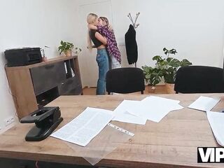 VIP4K. Glamorous golden-haired with natural tits came to get a job and to bang on a tabletop