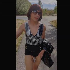Audrey Tgirl in chastity cage walks in public