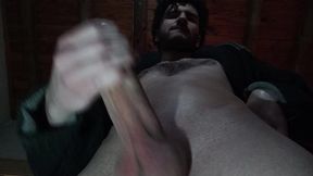 Hairy chested man jerks off his thick uncut cock