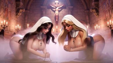 Two Curvy Nuns On All Fours Perform Devotional Prayer Ritual In Candlelit Ancient Gothic Chapel (AI generated)