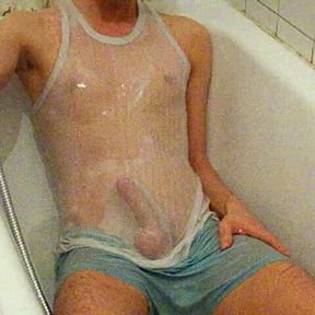 Shower with Clothes and hard Cock