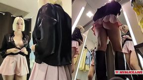 Blonde broad flashes massive knockers in dressing room, MyCandyAlice stripping slowmo