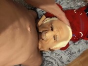 Skinny shoves his sick inside his teddy bear mouth who wears an old man mask
