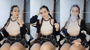Smoking In a cute black and white outfit, my hair in French braids