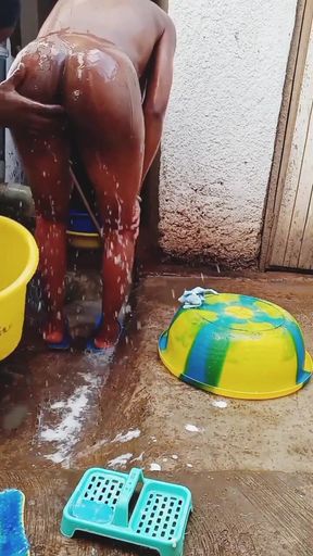 Iconic moment from &quot;Outdoor bathing my pregnant girlfriend in dirty environment.&quot;