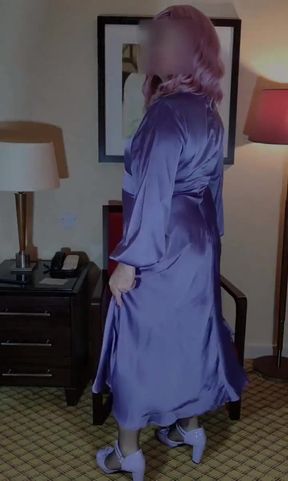 Sexy crossdresser in long vintage satin gown