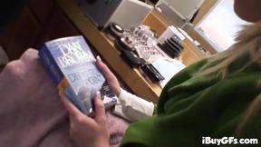 ”Big Boobed blonde strips off”