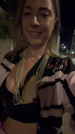 Hot babe with nipple piercings exposes her nipples in public