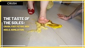 The Taste of the Soles: Husband Delights in Licking the Mashed Banana from His Wife's Feet (1080 EN SUB) - Food & Object Crush - High Heels - Foot Humiliation - Foot Fetish