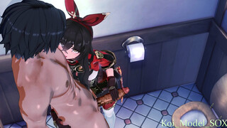 genshin impact Amber standing hand job