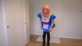 Blue cosplay outfit with latex boots and fishnets