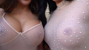 Lesbian strip show: Susy Gala, Julia de Lucia, and gigantic blonde breasts on display