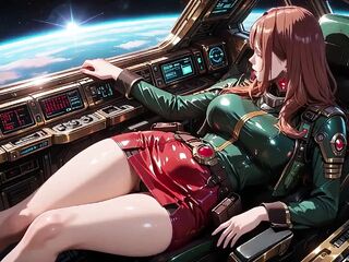 Redhead Commander in Green Sci-fi Uniform! Slothful, Teasing Vibes Whilst Playing with Candlelight on the Spaceship Bridge.
