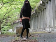 Skirtless kinky masturbatory ejaculation and lewd urination in the forest