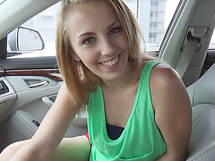 Skinny teen gets naked and rubs pussy at the backseat and she gets laid