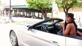 Busty slut flick their clit and squirts all over the convertible