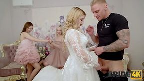 Bridesmaids and braid found out that the groom is cheating, so they fucked a best man in a FFFM