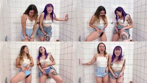 Girls in matching skirts pee in tub