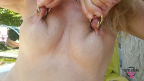 nippleringlover, horny milf gets naked outdoors, playing with extremely stretched pierced nipples