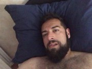 Big bearded bear with hairy chest wanking playing on cam showing his tongue. Beautiful Agony
