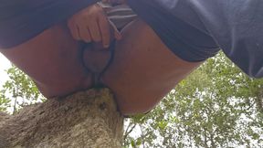 Fat boy in forest straw cumshot