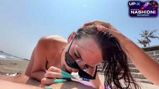 Blowjob on a public nudist beach and passionate sex in a hotel room with creampie